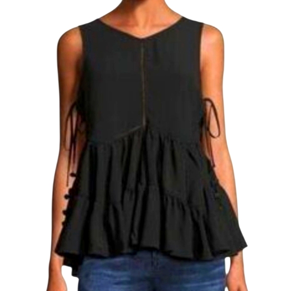 Romeo & Juliet Couture Tops - ROMEO‎ & JULIET Flared Eyelet Peplum Top Black Sz Large Pom Poms Boho Sleeveless